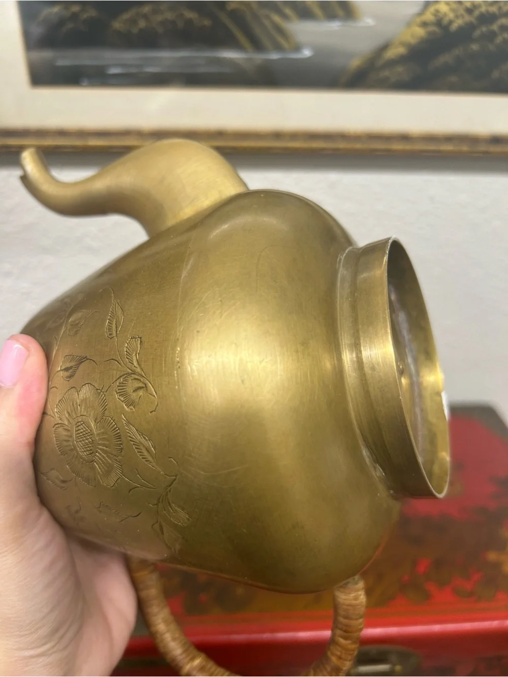 Vintage Brass Floral Teapot with Woven rattan Handle - Gold